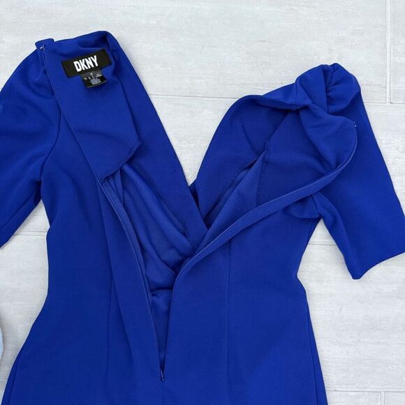 DKNY Women's Side Knot V-Neck Sheath Midi Royal Blue 8 Back Zip Cocktail Career - Picture 8 of 8